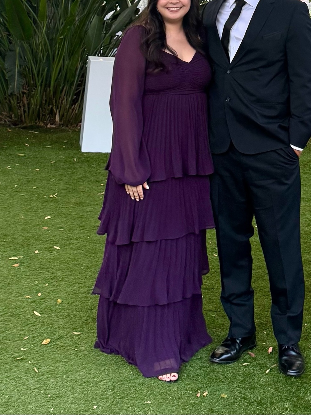 Lulu's Plum Tiered Chiffon Maxi Dress with Long Sheer Sleeves